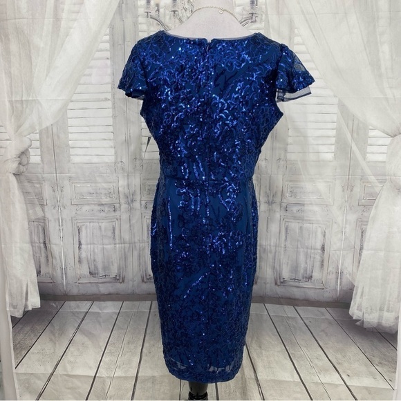 R & M Richards Size 14 Blue Sequined Dress Flutter Sleeve V Neck Cocktail Sheath - Picture 9 of 12